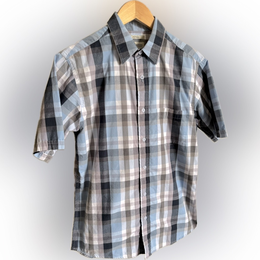 Haggar Men's Fitted Plaid Button Down short sleeve Shirt - Blue gray